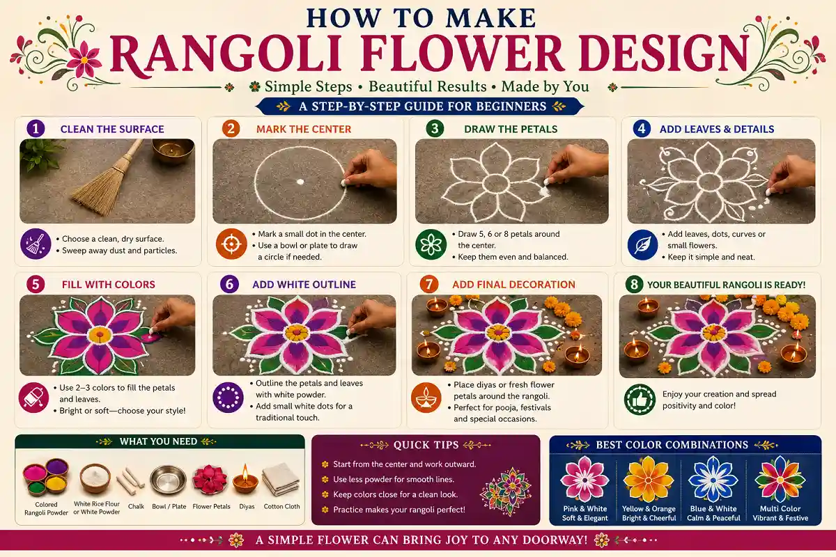 Step-by-step infographic showing how to make a rangoli flower design with petals, leaves, colors, white outlines, flowers, and diyas.