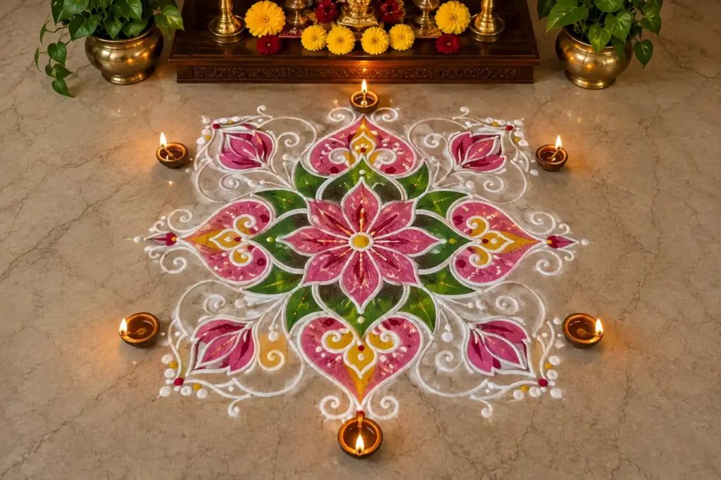 Hridaya Kamalam inspired rangoli with pink lotus petals, symmetrical patterns and diyas for a pooja room