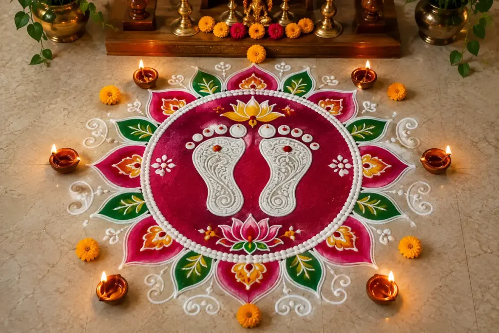 Lakshmi footprint rangoli design with lotus motifs and glowing diyas