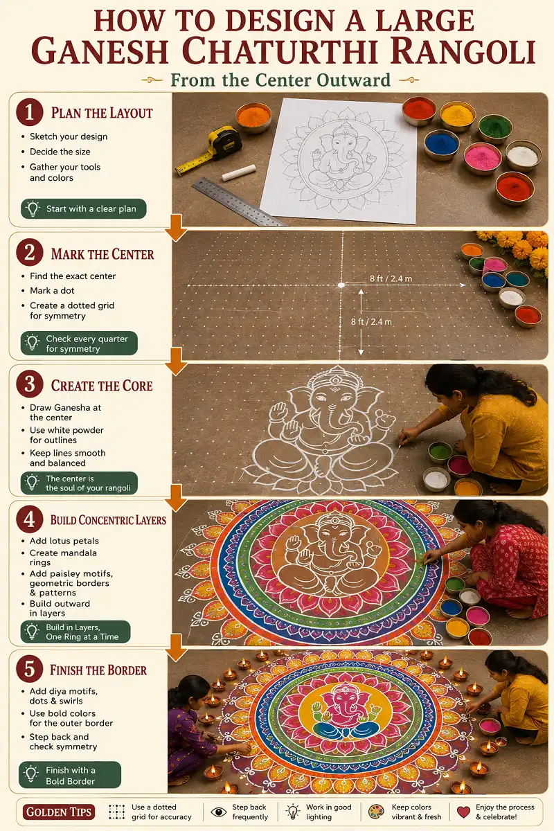 Step-by-step infographic showing how to design a large Ganesh Chaturthi rangoli with a central Ganesha motif, concentric decorative layers, a symmetry grid, lotus petals, paisley borders, and diya motifs arranged in a balanced floor layout.