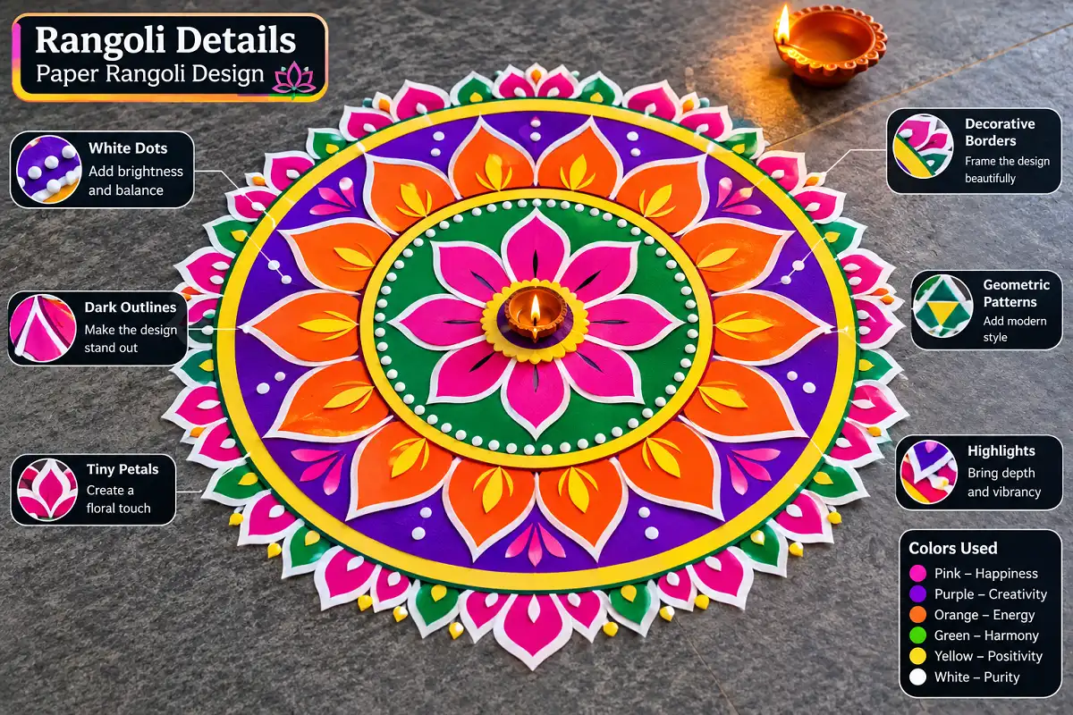 Colorful paper rangoli design with decorative borders, tiny petals, white dots, geometric patterns, and highlights.