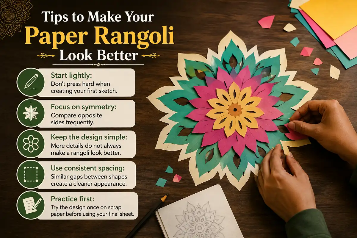 Paper rangoli with tips for symmetry, spacing, simplicity, and practice.