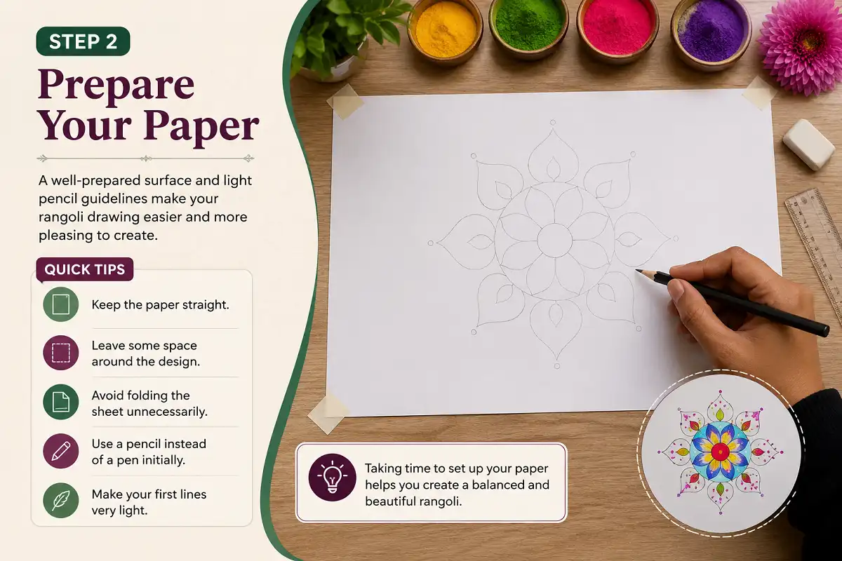 Step 2 rangoli tutorial showing how to prepare paper with light pencil guidelines and quick setup tips.
