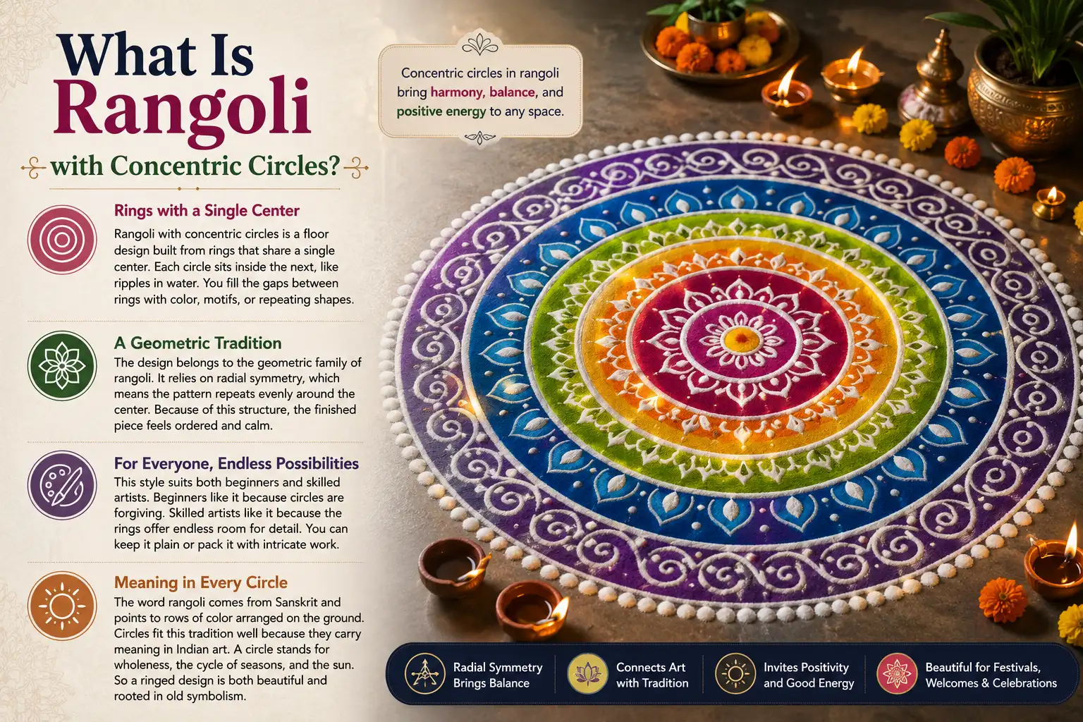 Infographic showing a colorful rangoli with concentric circles, geometric symmetry, and Indian cultural symbolism