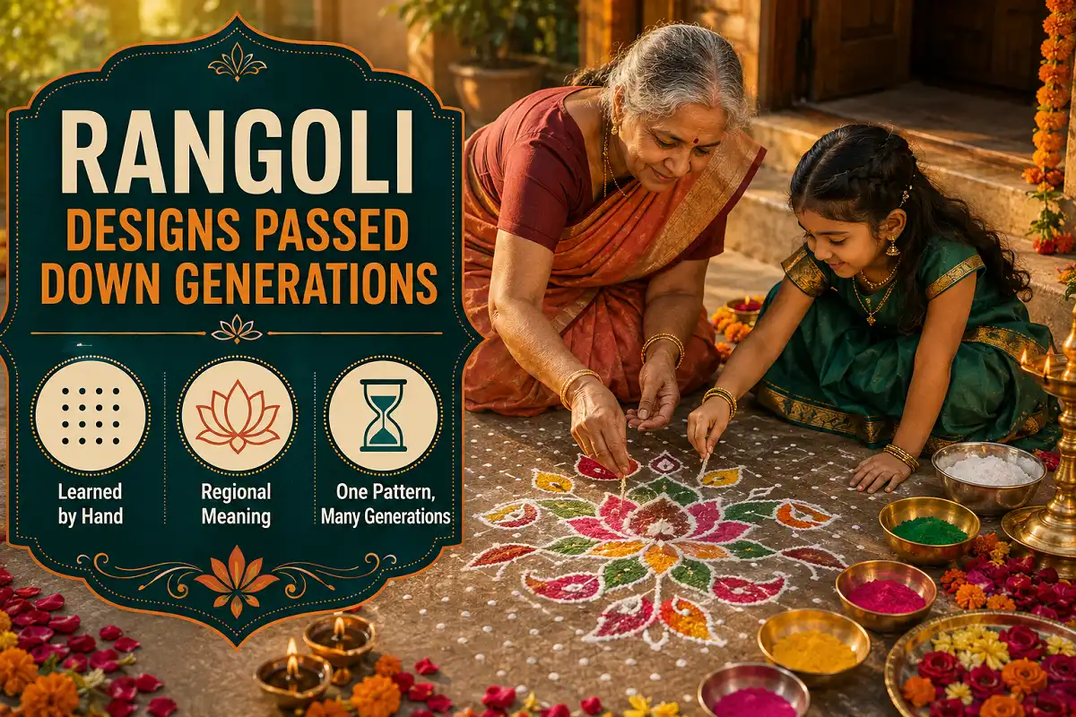 Grandmother and granddaughter making rangoli designs passed down generations together at a home entrance