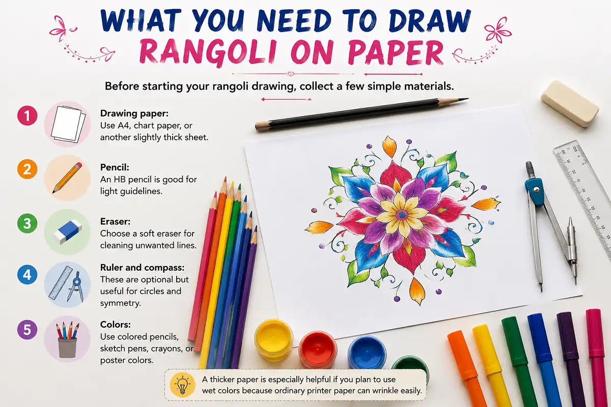 Rangoli drawing on paper with pencils, eraser, ruler, compass, and colorful art supplies.