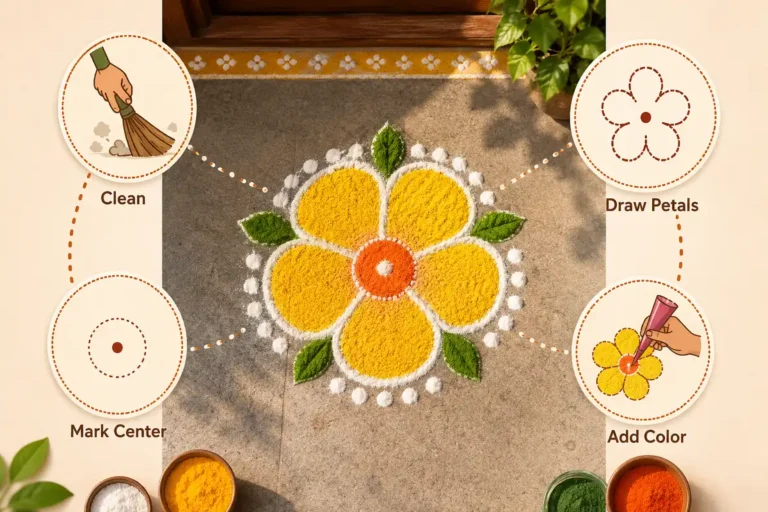 Simple daily flower rangoli design with step-by-step icons for cleaning, marking the center, drawing petals, and adding color