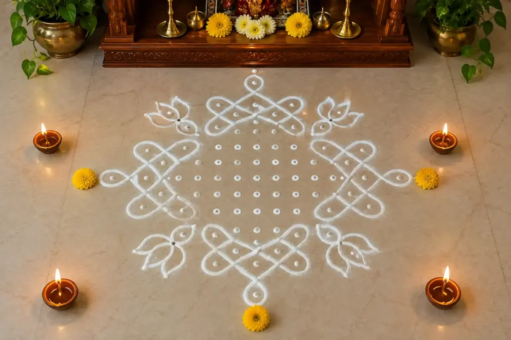 Simple dot rangoli design for pooja room with white rice flour and traditional Kolam patterns