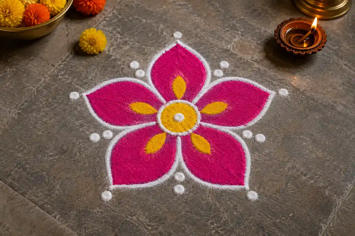Simple five-petal flower rangoli design with pink and yellow colors