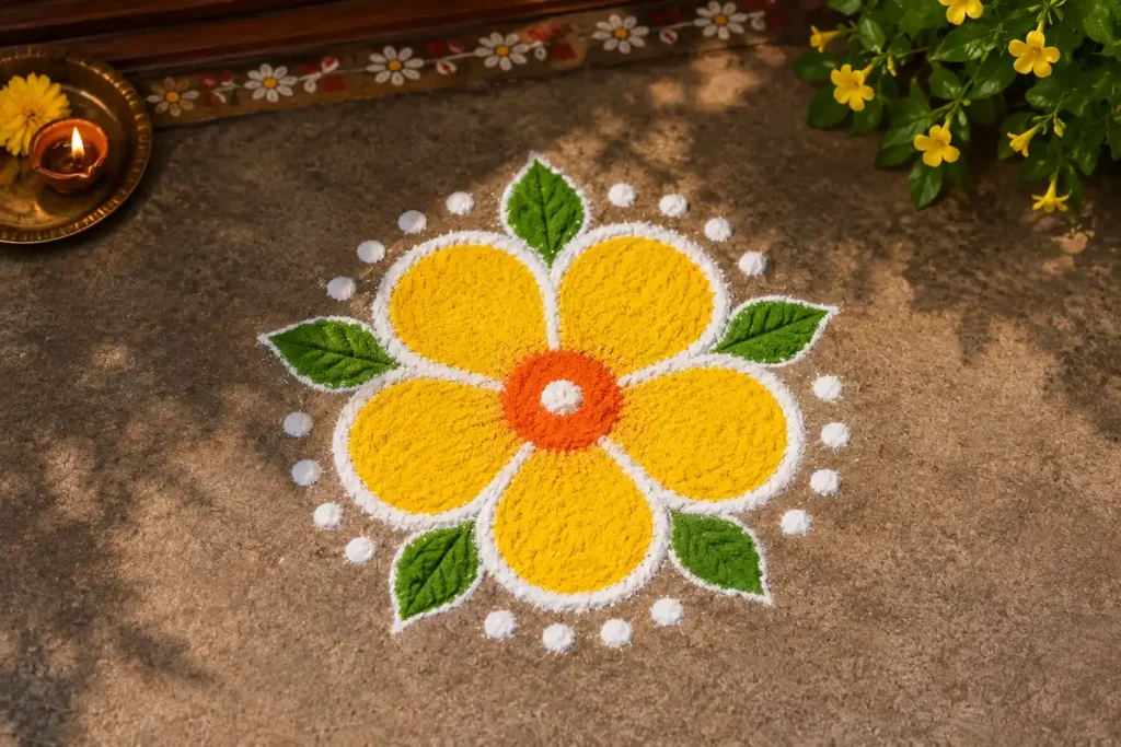 Simple five-petal flower rangoli design with yellow petals, white dots, green leaves, and a diya