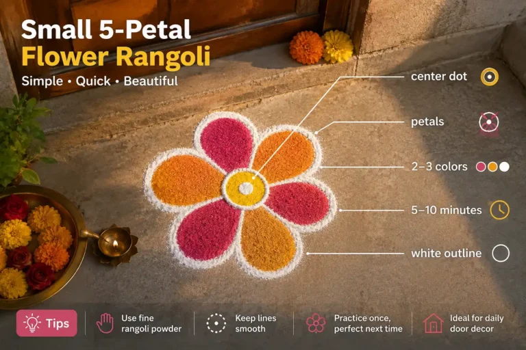 Labeled infographic showing how a simple flower rangoli for daily use is built at a doorway
