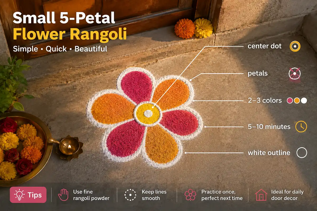 Labeled infographic showing how a simple flower rangoli for daily use is built at a doorway