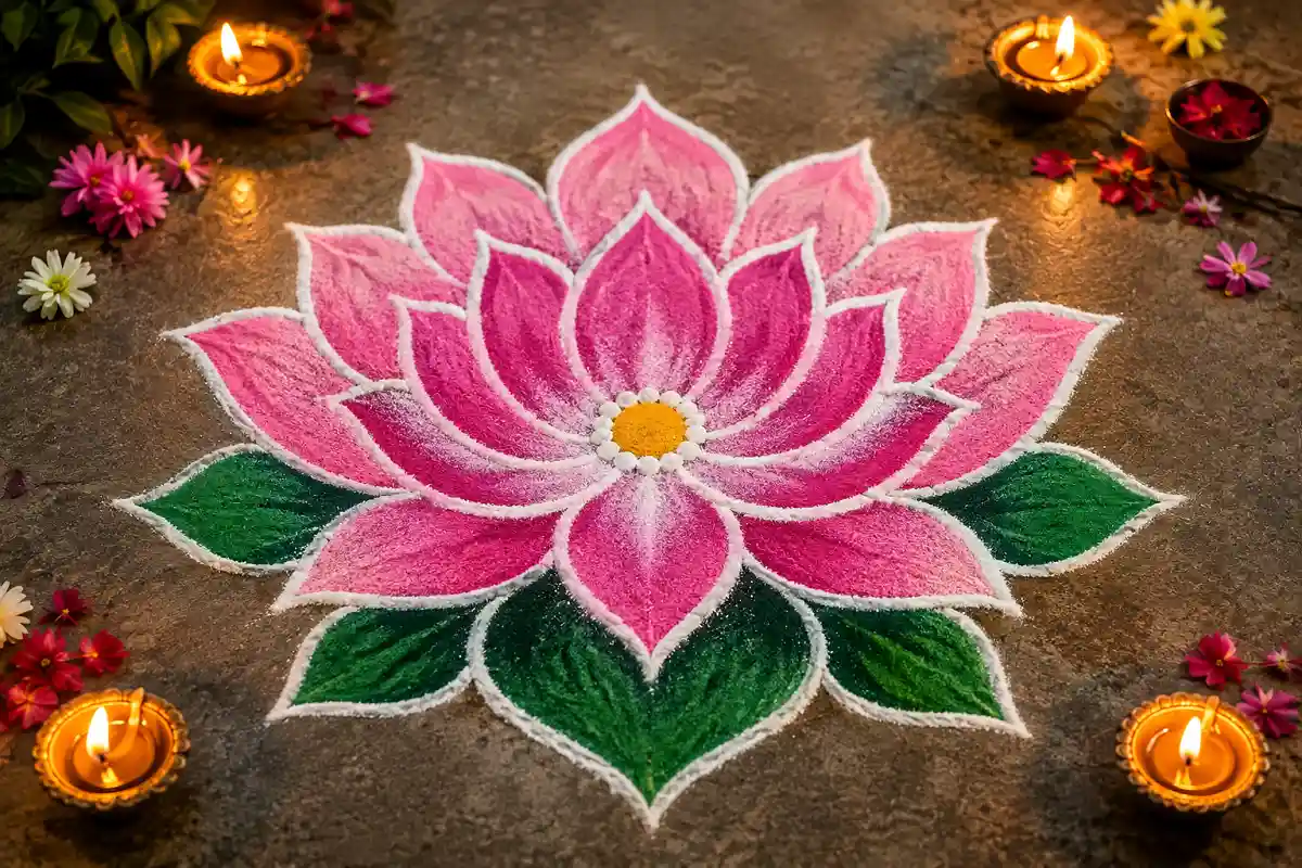 Simple lotus rangoli design with pink and white petals