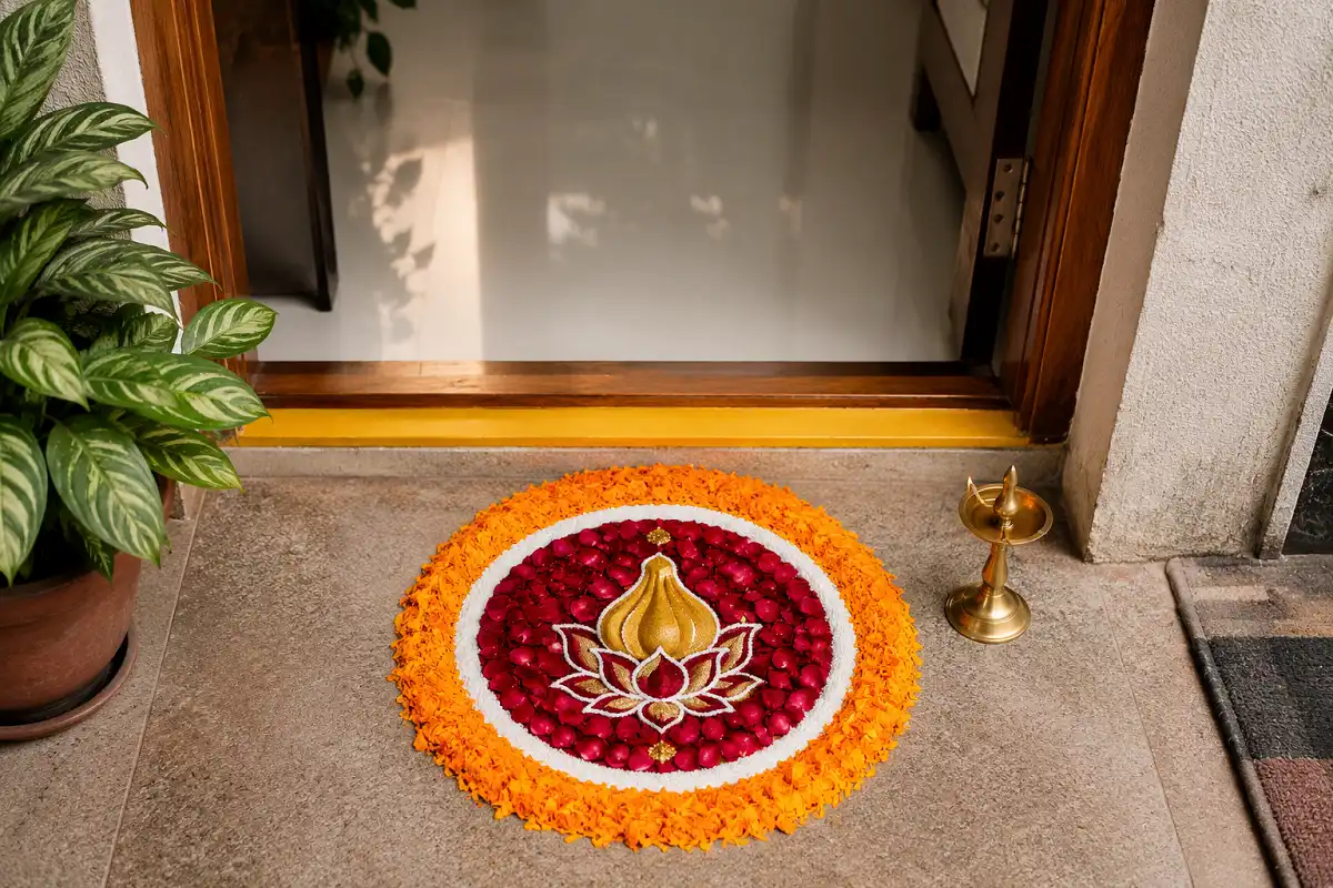 Compact Ganesh Chaturthi rangoli with a modak, marigold petals, and white circular border decorating a small apartment entrance.