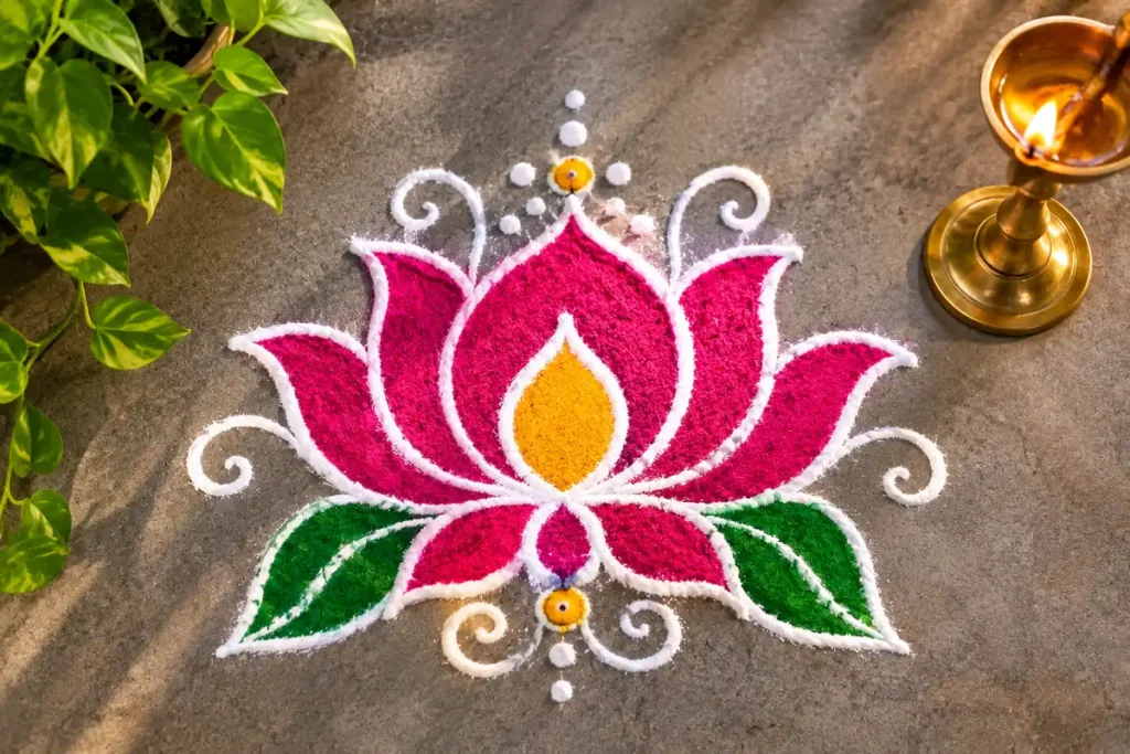 Small lotus rangoli design with pink petals, green leaves, white details, and a glowing brass diya on a stone floor