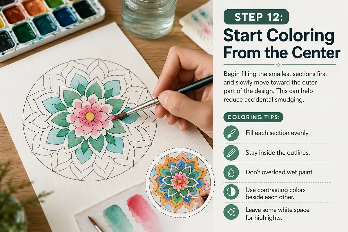Watercolor mandala being colored from the center outward with step-by-step coloring tips.