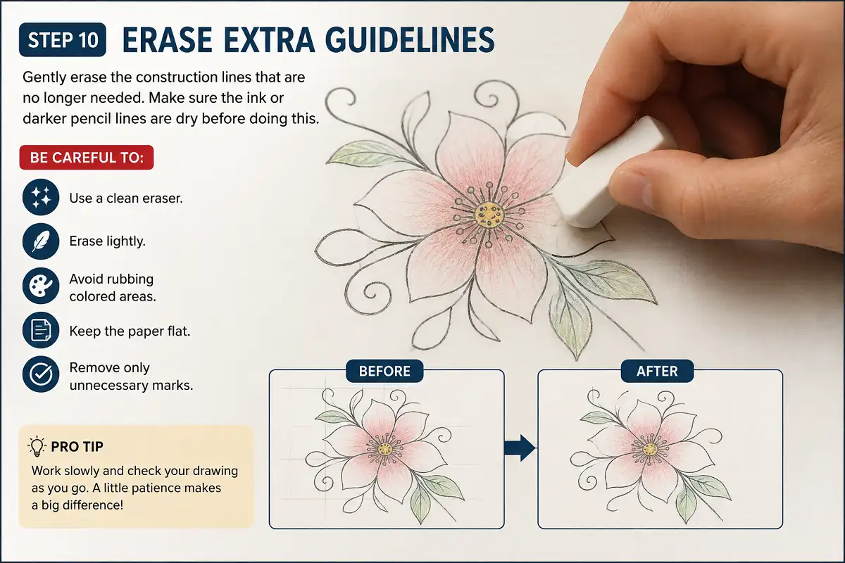 Step 10 erase extra guidelines from a colorful drawing using a clean eraser