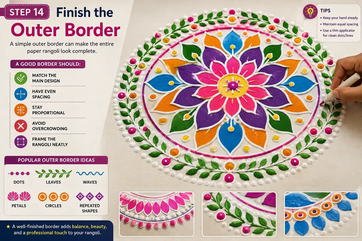Finish the outer border of a colorful paper rangoli with evenly spaced dots, leaves, waves, circles, and repeated petals