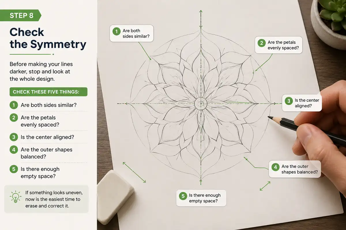 symmetry check infographic showing a hand-drawn floral mandala with five checks: side similarity, even petal spacing, center alignment, balanced outer shapes, and enough empty space