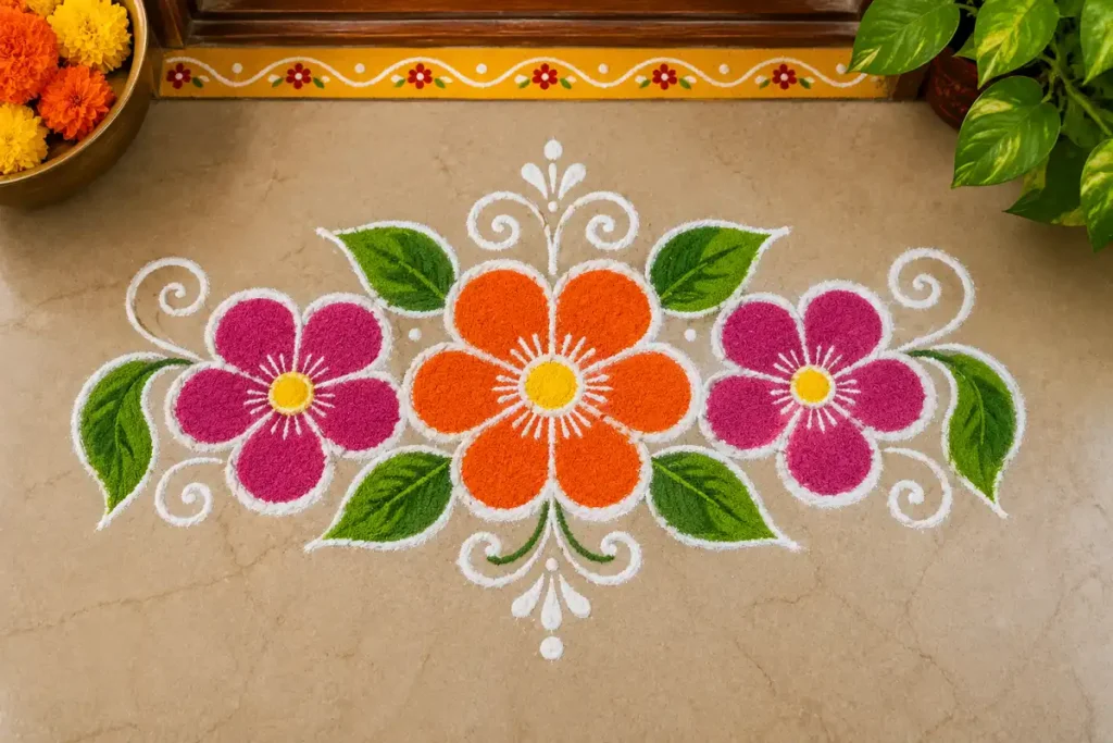 Three-flower rangoli design with orange and pink flowers, green leaves, white patterns, and decorative swirls
