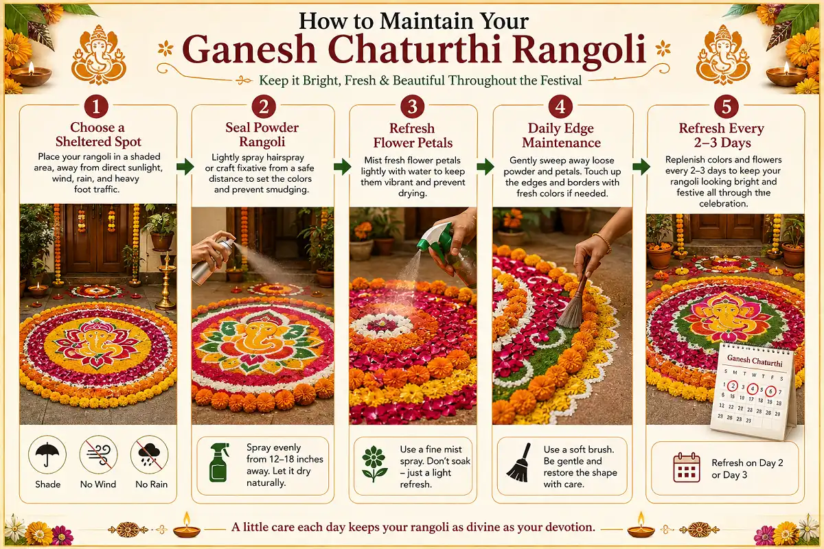 A realistic infographic showing practical tips to help Ganesh Chaturthi rangoli designs last longer, including keeping the rangoli in a shaded area, applying a light fixative spray to powder designs, misting flower petals with water, cleaning loose edges, and refreshing the design every two to three days.