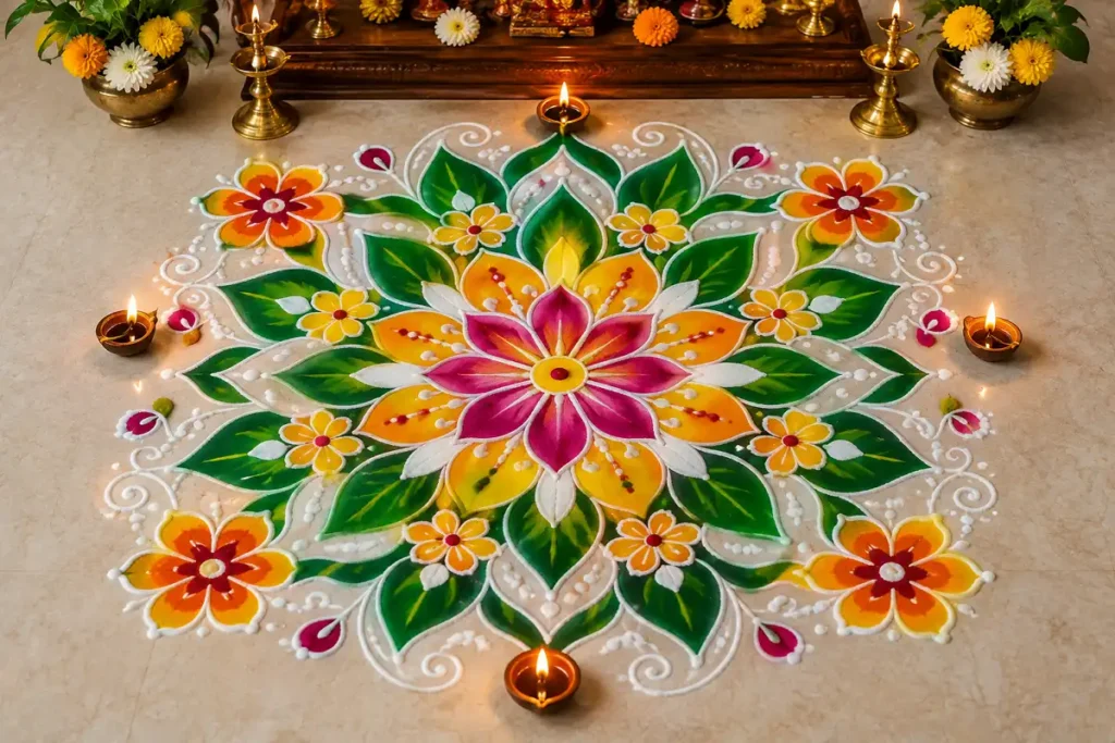 Traditional flower and leaf rangoli design with colorful floral patterns and green leaves