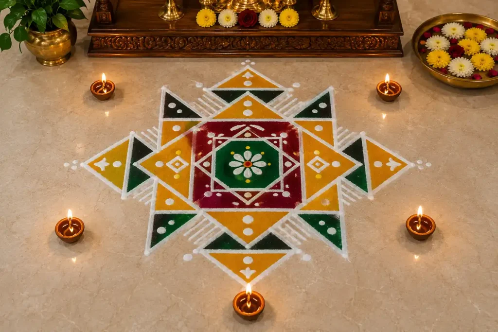 Traditional geometric rangoli design with symmetrical squares, diamonds, triangles, and diyas in a pooja room