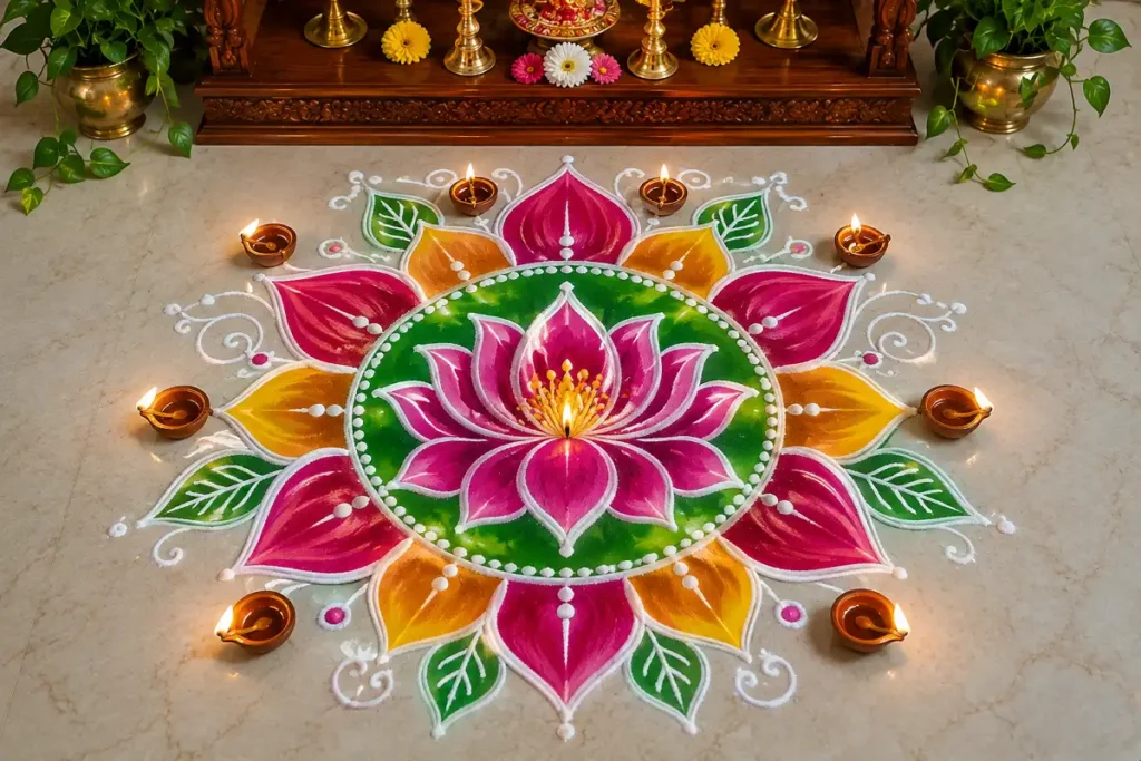 Traditional lotus rangoli design for pooja room with colorful lotus petals and diyas