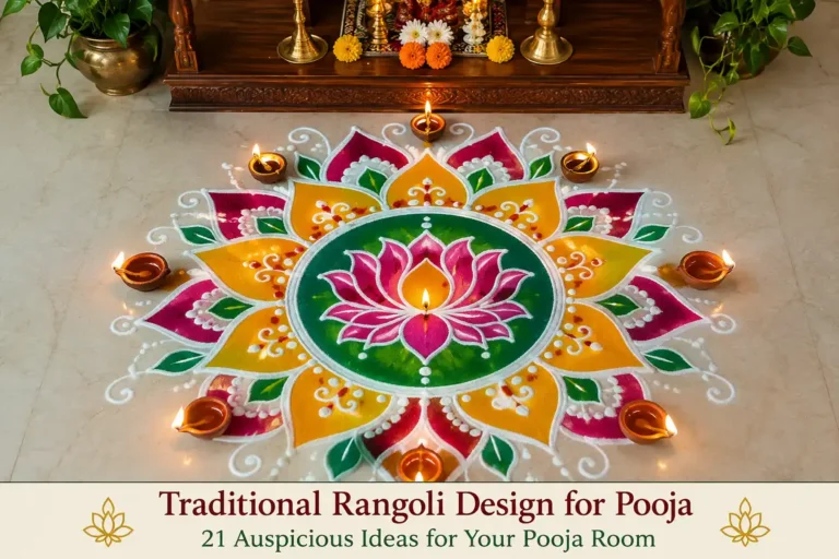 Traditional rangoli design for pooja room with colorful lotus pattern and diyas