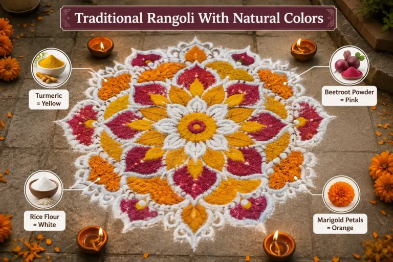 Traditional rangoli with natural colors made using turmeric, beetroot, rice flour, and marigold petals