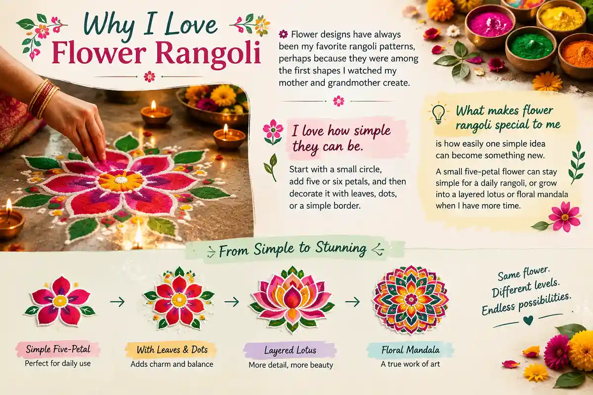 Why I love flower rangoli infographic showing simple floral rangoli designs