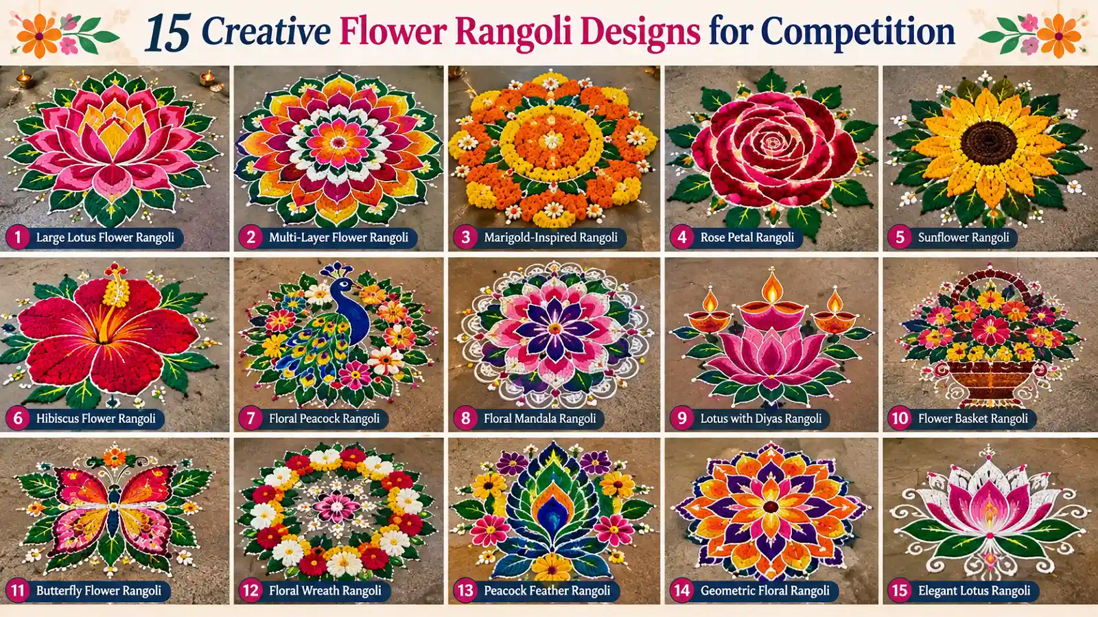 15 colorful flower rangoli designs for competition inspiration