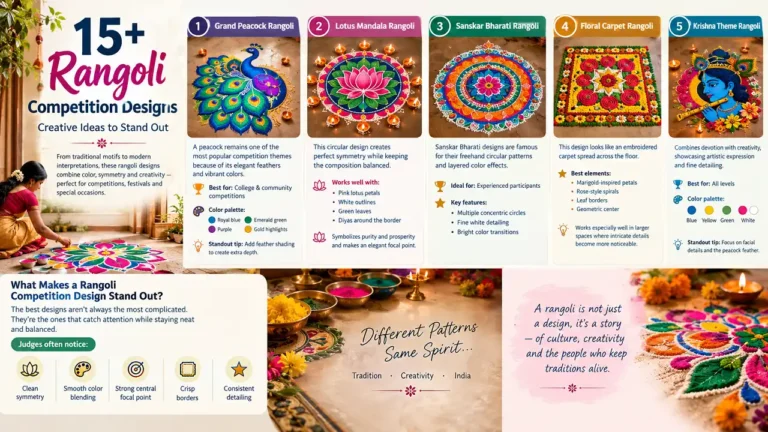 Colorful 16:9 infographic showcasing five rangoli competition designs—peacock, lotus mandala, Sanskar Bharati, floral carpet, and Krishna—with tips on symmetry, colors, detailing, and competition-ready finishing.