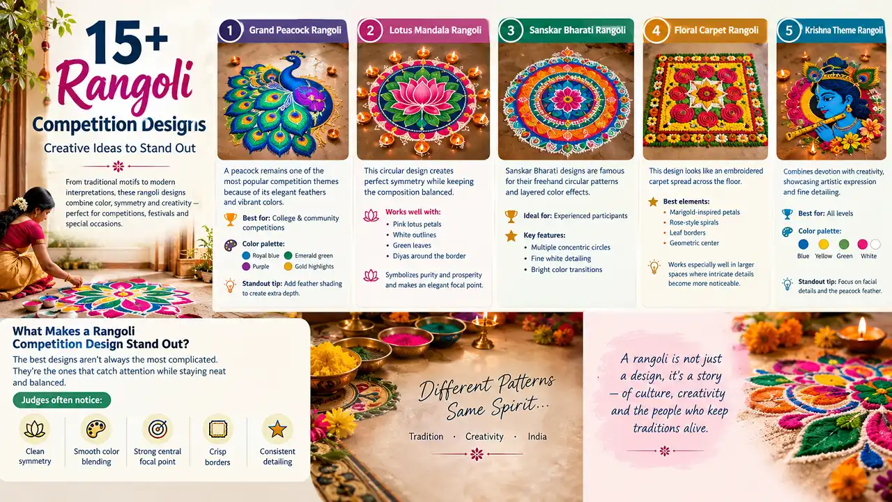 Colorful 16:9 infographic showcasing five rangoli competition designs—peacock, lotus mandala, Sanskar Bharati, floral carpet, and Krishna—with tips on symmetry, colors, detailing, and competition-ready finishing.