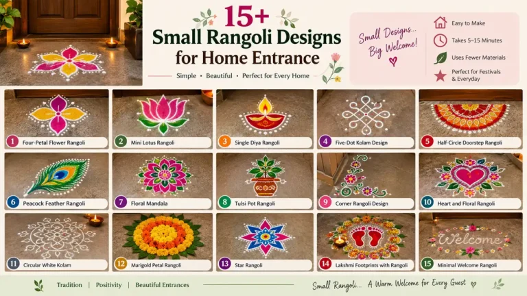 15+ small rangoli designs for home entrance featuring floral, diya, lotus, kolam, peacock, mandala, marigold, star, and Lakshmi footprint patterns