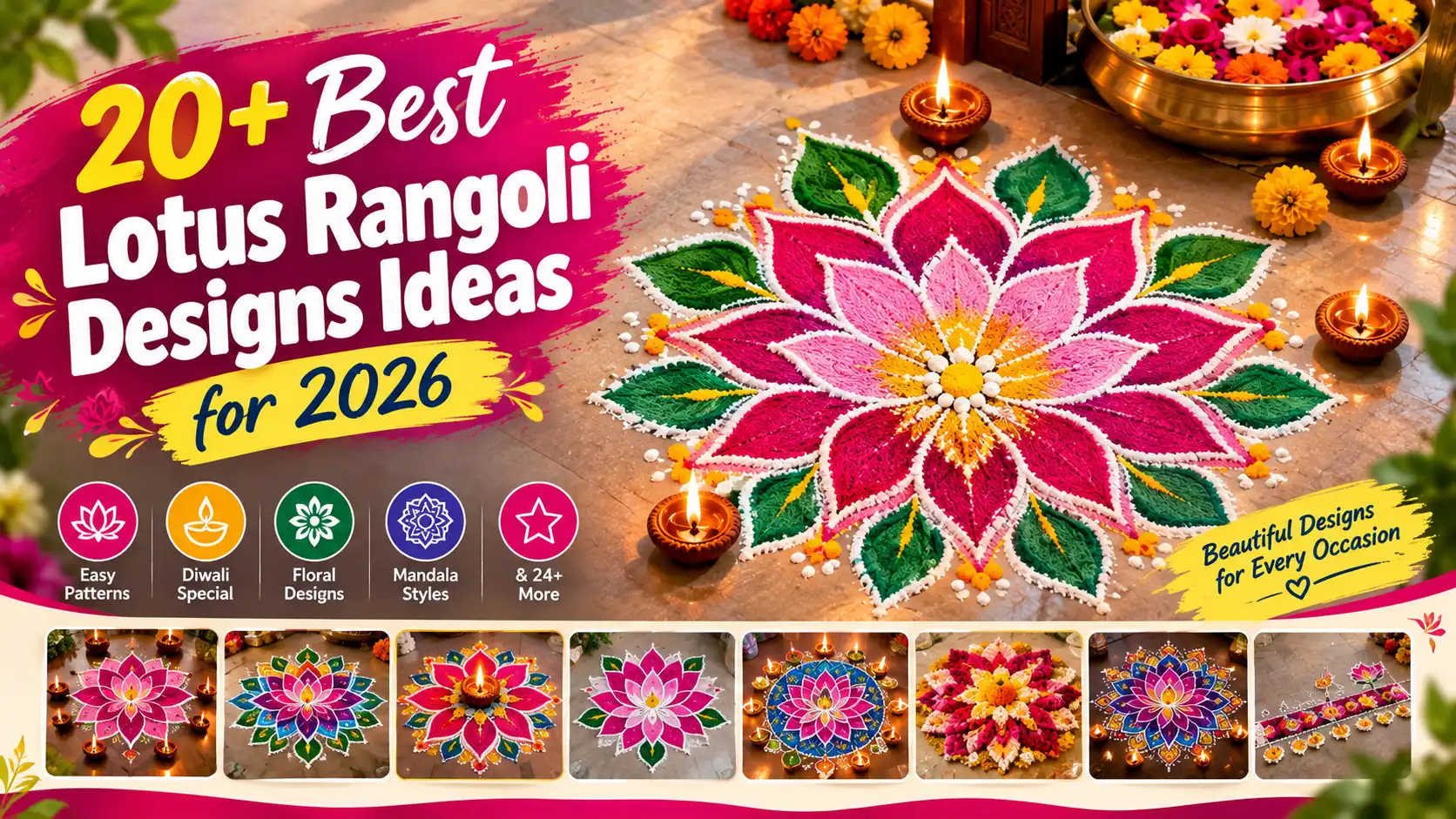 20+ best lotus rangoli designs ideas for 2026 with colorful Diwali patterns