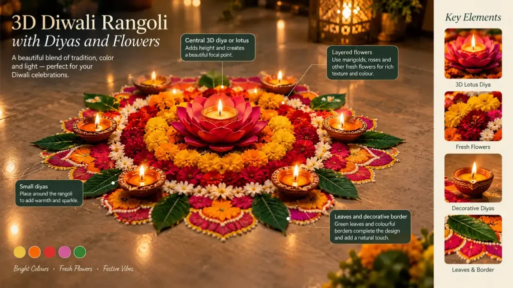3D Diwali rangoli with glowing diyas flowers leaves and decorative borders