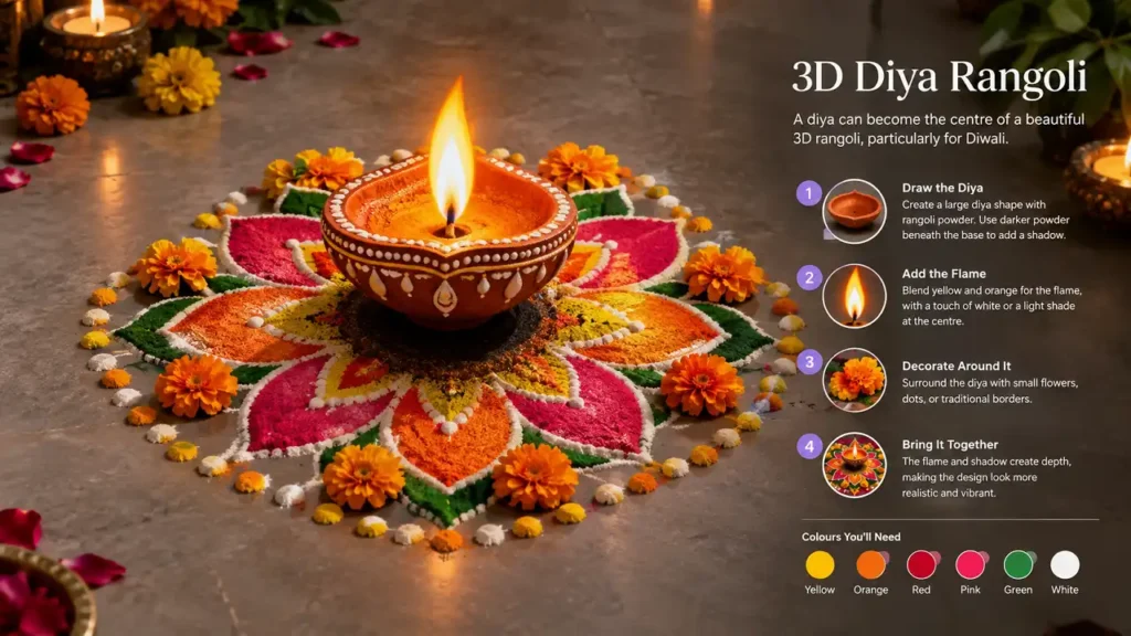 3D diya rangoli with glowing diya colourful patterns flowers and shadow
