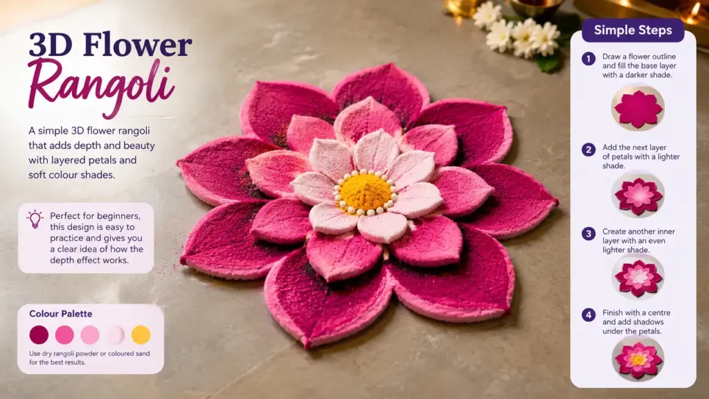 3D flower rangoli with layered petals and colourful shading