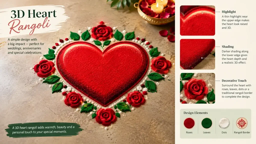 3D heart rangoli with roses leaves dots and decorative border