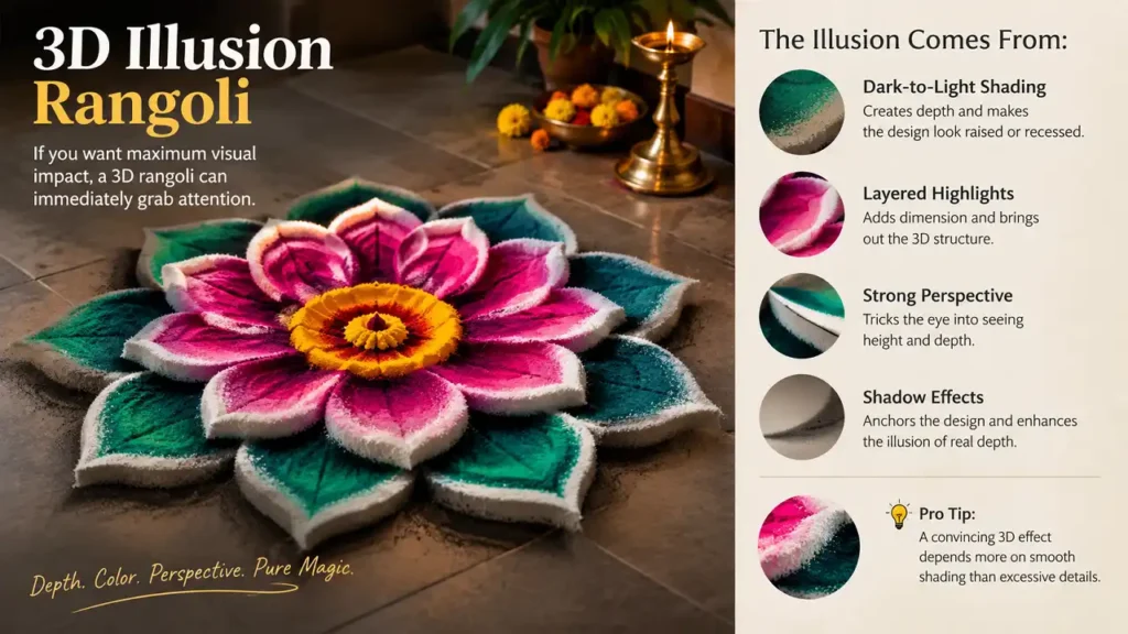 Modern 3D illusion rangoli with layered petals, shading, highlights, perspective, and realistic shadows