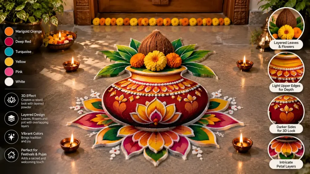 Photorealistic 3D Kalash rangoli with layered leaves and flowers
