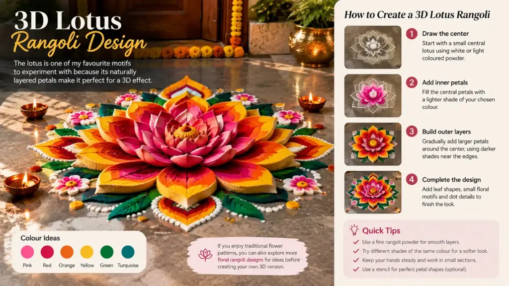 Colorful 3D lotus rangoli with layered pink red orange and yellow petals