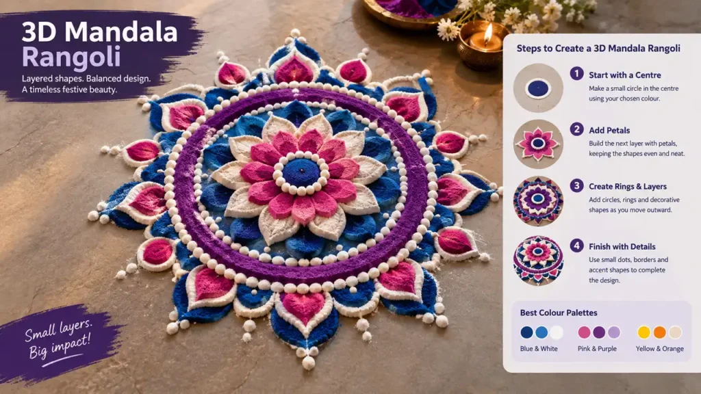 3D mandala rangoli with symmetrical layered patterns and shading