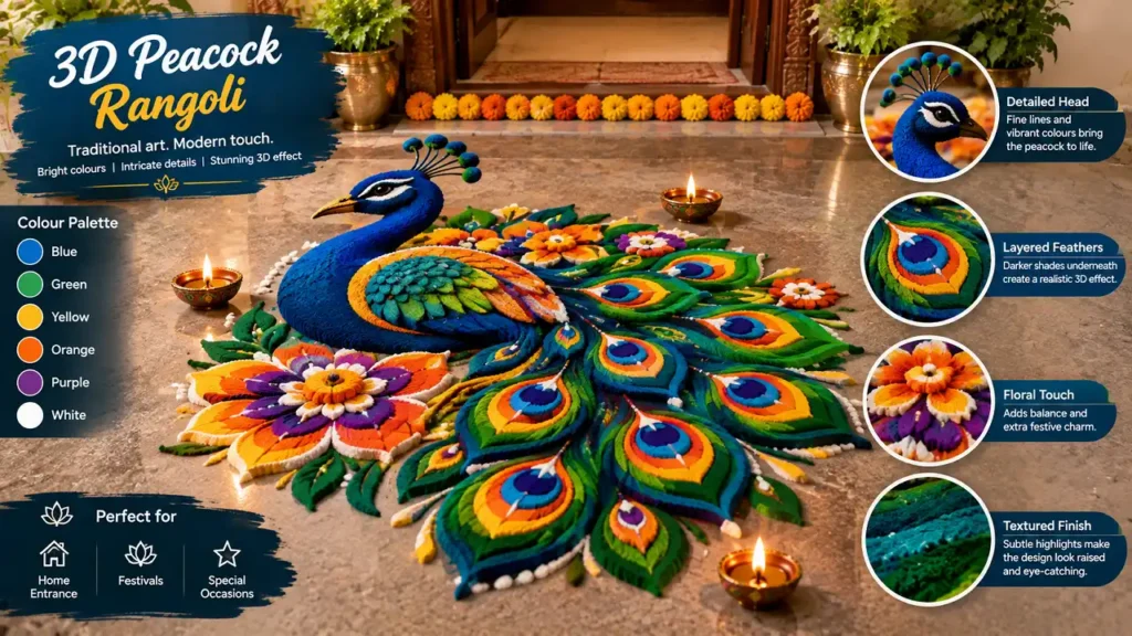 Colorful 3D peacock rangoli with blue green feathers and shading