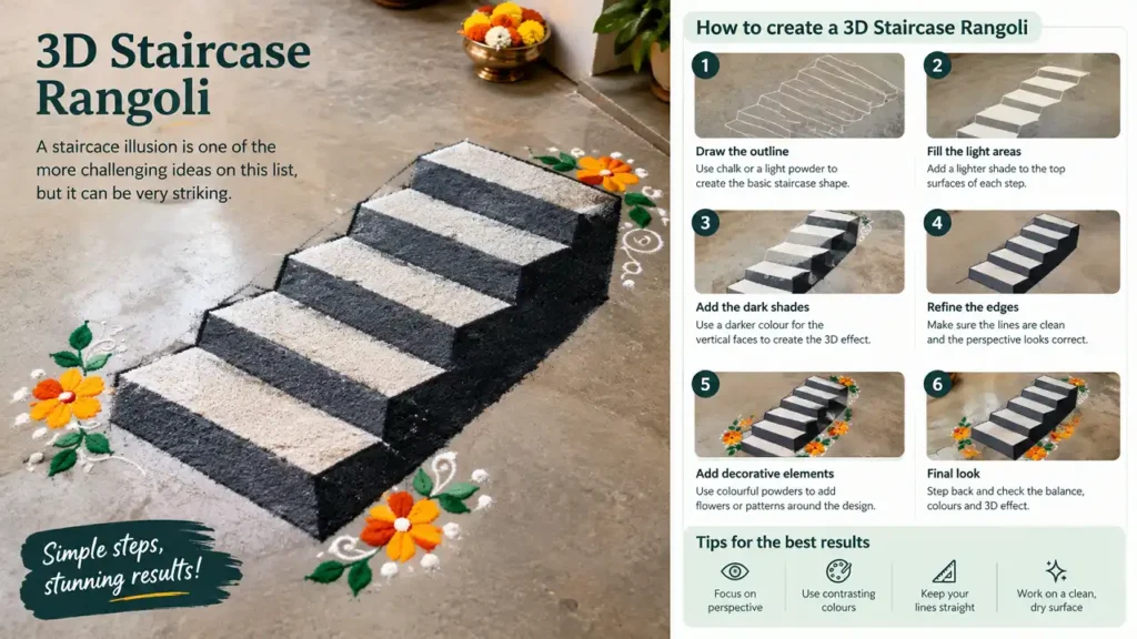 3D staircase rangoli with realistic step illusion and colourful floral details