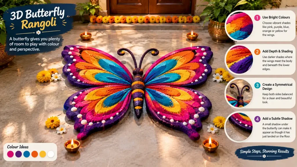 Colorful 3D butterfly rangoli with symmetrical wings and shadow