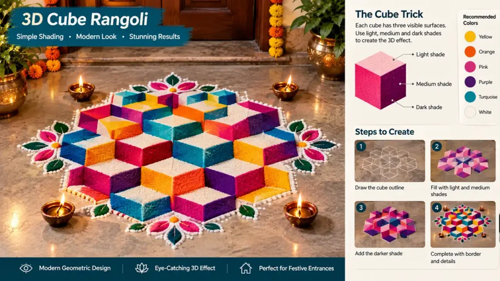 Colorful 3D cube rangoli with geometric optical illusion