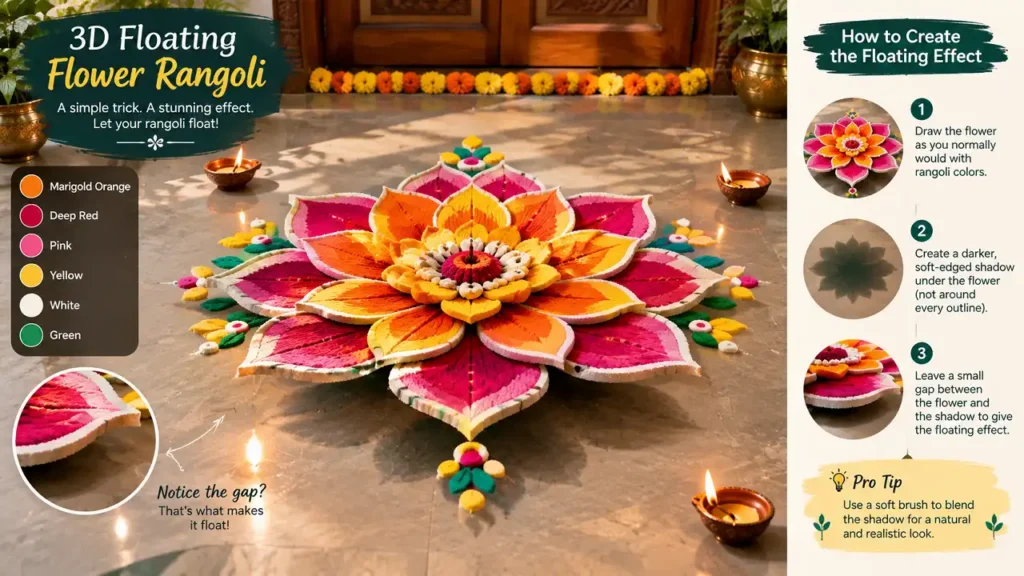 3D floating flower rangoli with realistic shadow effect