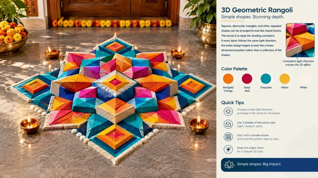 Colorful 3D geometric rangoli with raised square diamond and triangle patterns
